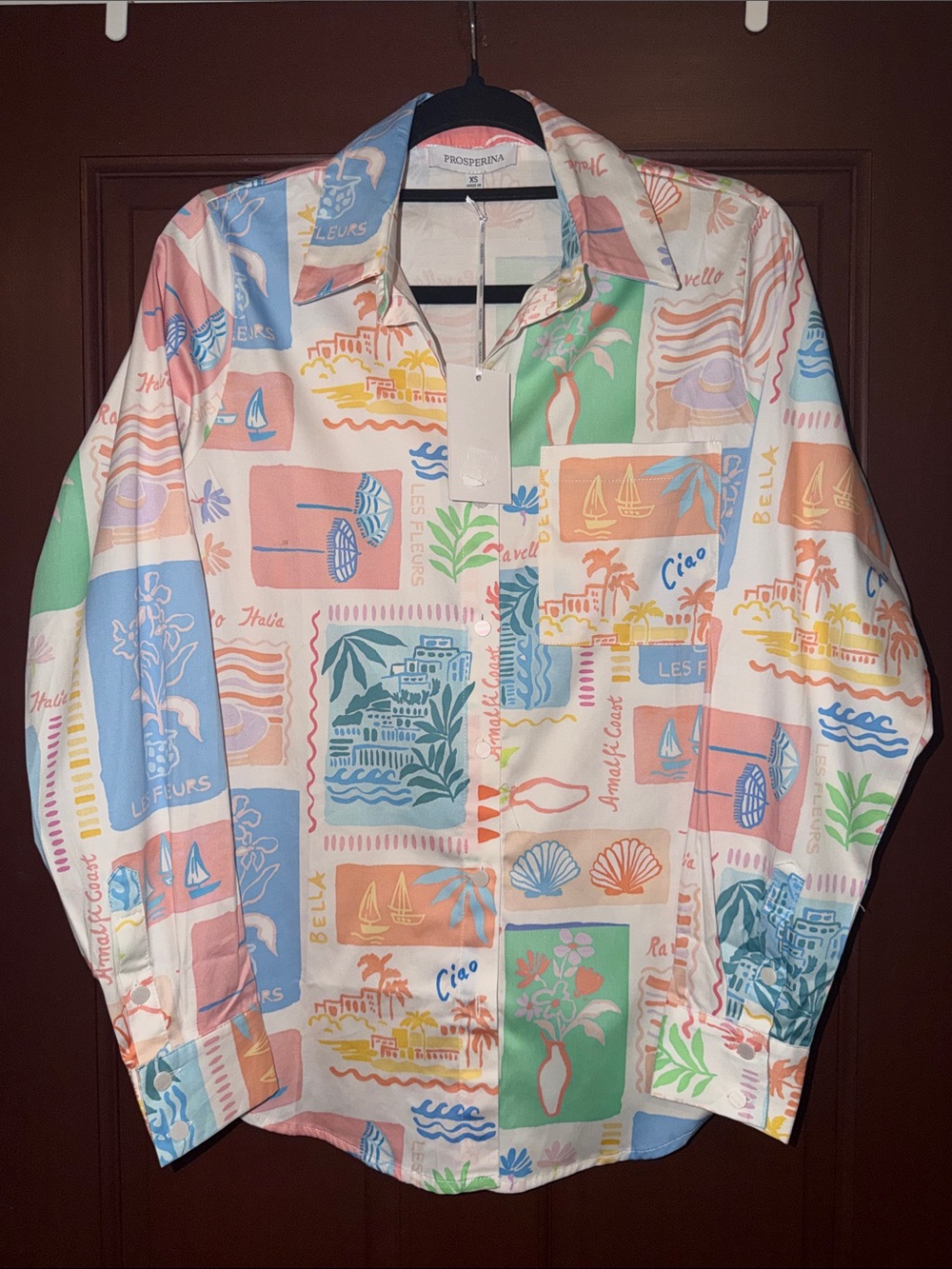 Prosperina Paula Tropical Tides Multi Print Cotton Button Down Shirt XS NWT